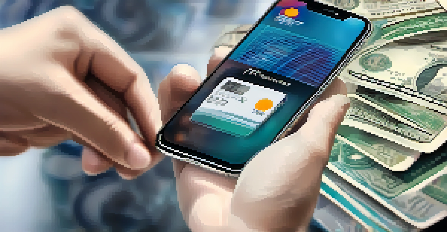 A close-up of a hand holding a smartphone with a digital wallet app, showcasing the shift from traditional to digital currency.