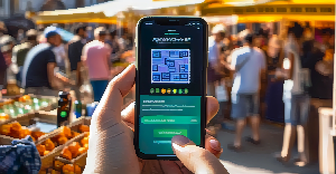 A smartphone showing a cryptocurrency wallet app with people in a market in the background, illuminated by warm sunlight.