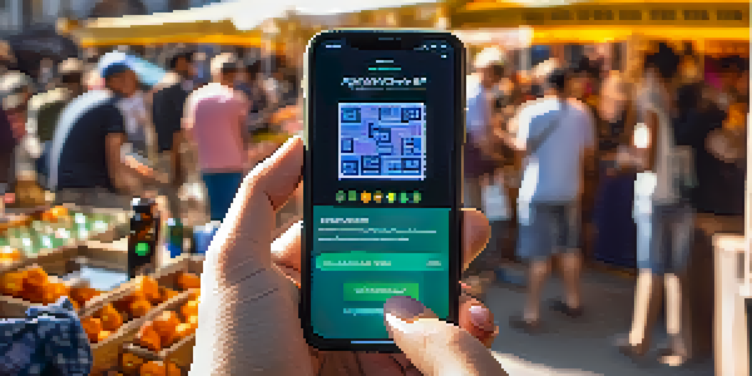 A smartphone showing a cryptocurrency wallet app with people in a market in the background, illuminated by warm sunlight.