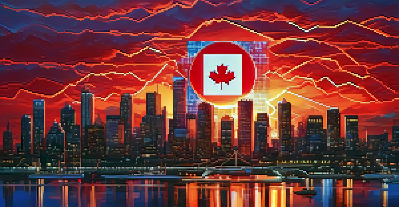 The Canadian flag blended with digital currency symbols against a futuristic city skyline.