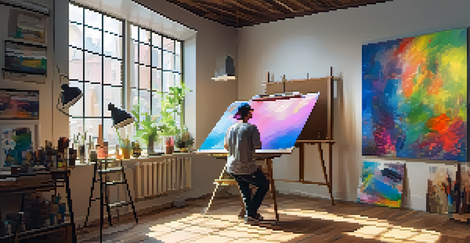 A digital art studio with colorful artworks, a painter mixing paint, and natural light streaming through a window.