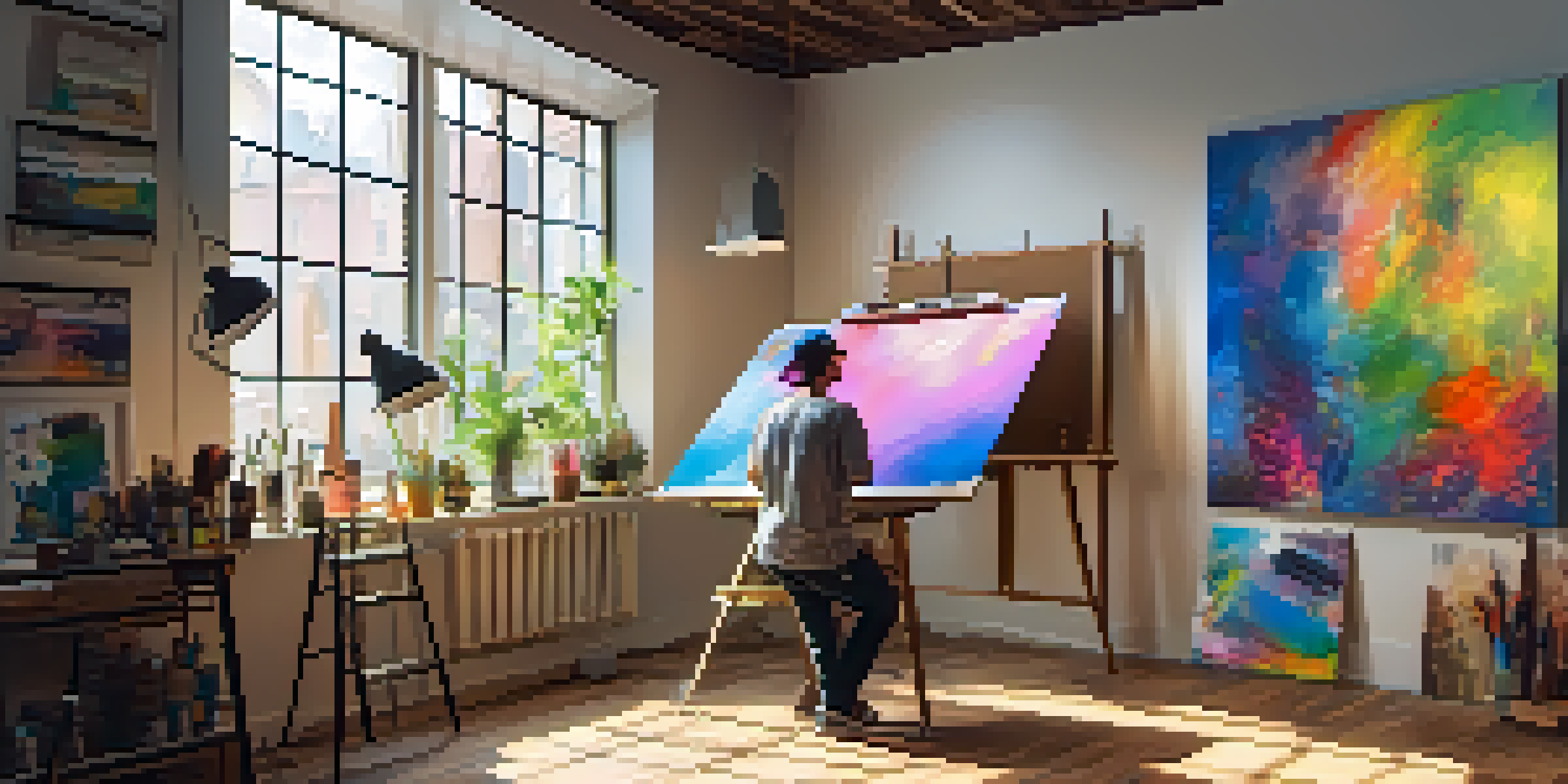 A digital art studio with colorful artworks, a painter mixing paint, and natural light streaming through a window.