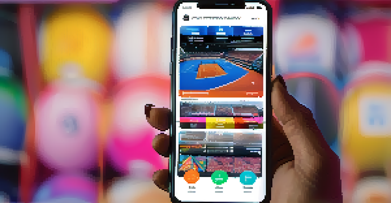 A smartphone displaying a sports NFT marketplace interface with colorful thumbnails of digital collectibles against a blurred sports event background.