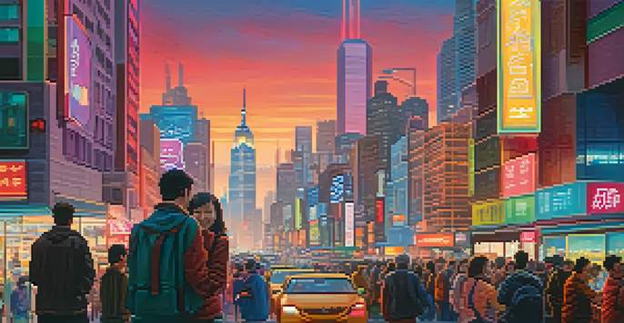 A city scene at dusk with people using smartphones for payments, illuminated buildings in the background.