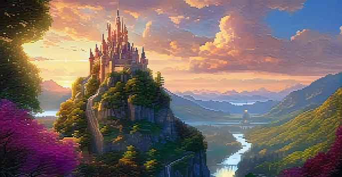 A fantasy landscape featuring a glowing sword on a pedestal with a castle in the background during sunset.