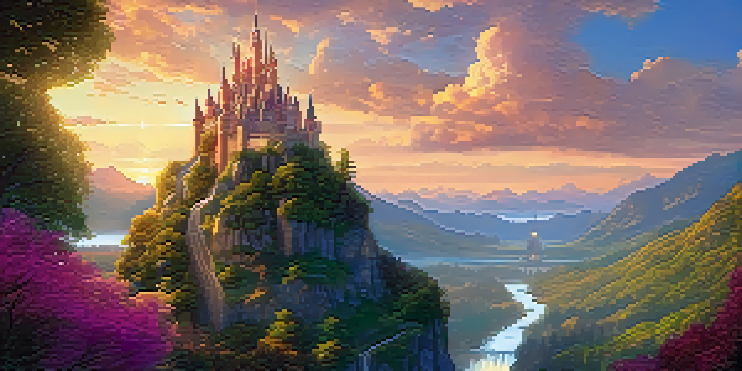 A fantasy landscape featuring a glowing sword on a pedestal with a castle in the background during sunset.