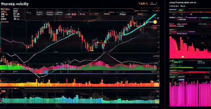A colorful cryptocurrency trading chart featuring indicators like moving averages and Bollinger Bands, set against a dark background.