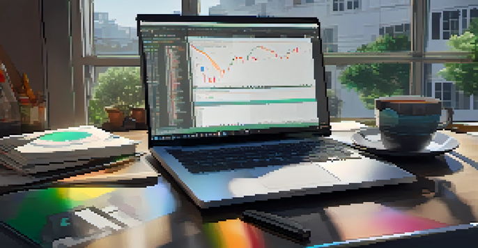 A cozy workspace with a laptop displaying code, a cup of coffee, and trading strategy notes, bathed in natural light.