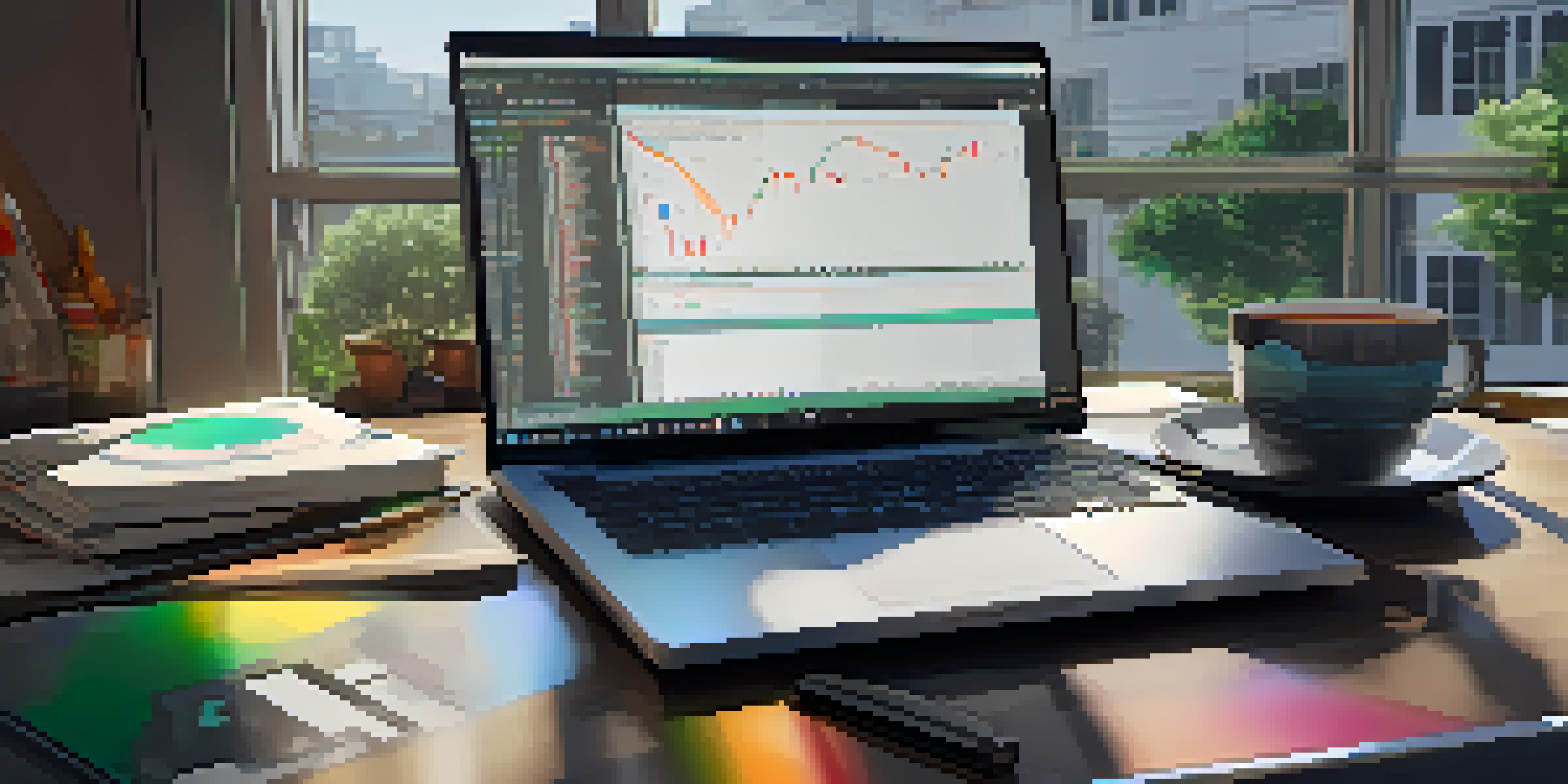 A cozy workspace with a laptop displaying code, a cup of coffee, and trading strategy notes, bathed in natural light.