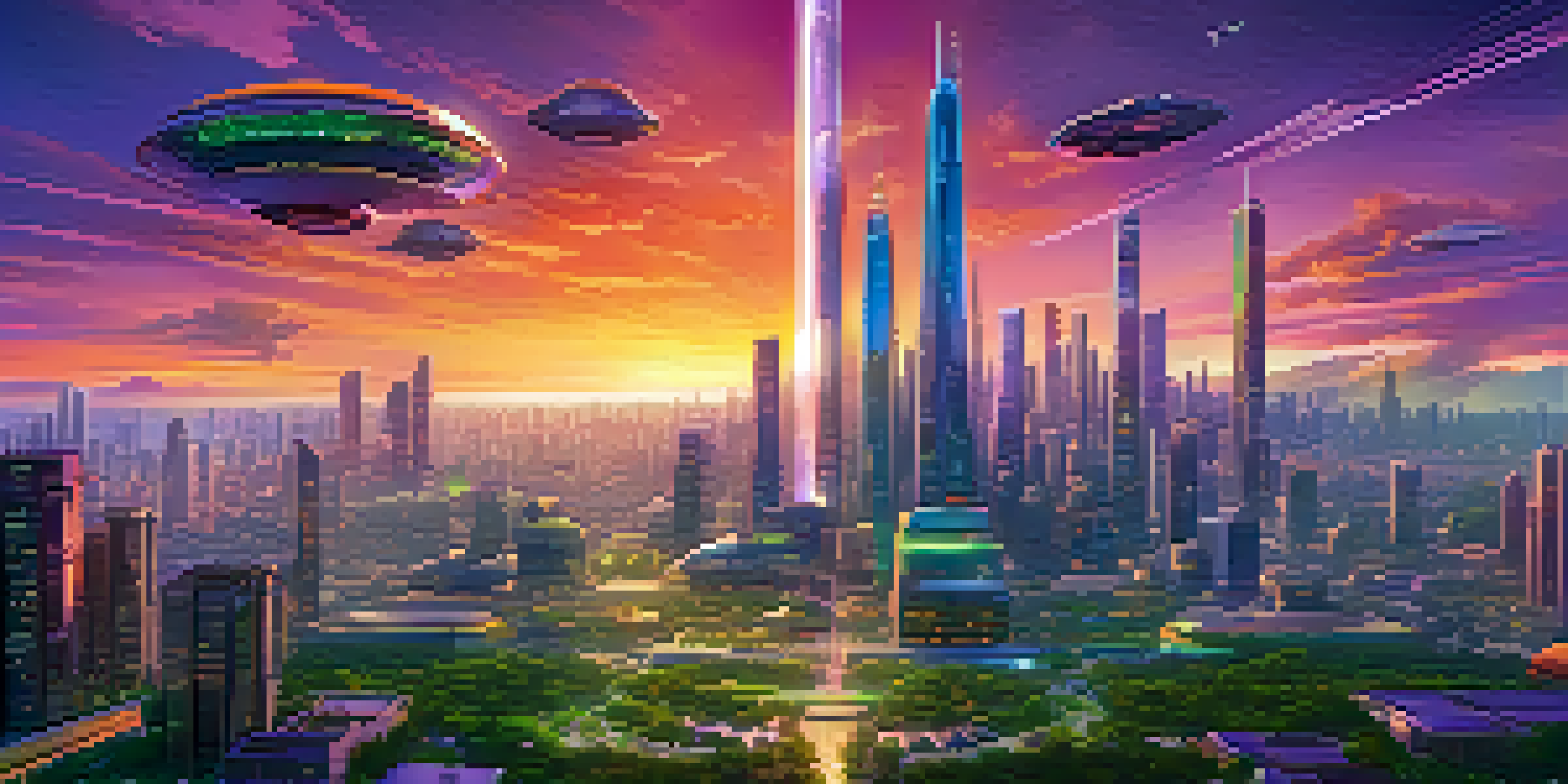 A vibrant futuristic city skyline at sunset with sleek skyscrapers, flying vehicles, and green parks.