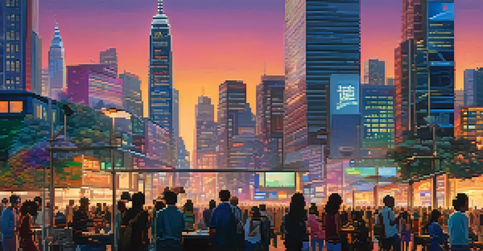 A modern city skyline at dusk with neon lights, showing diverse people using smartphones.