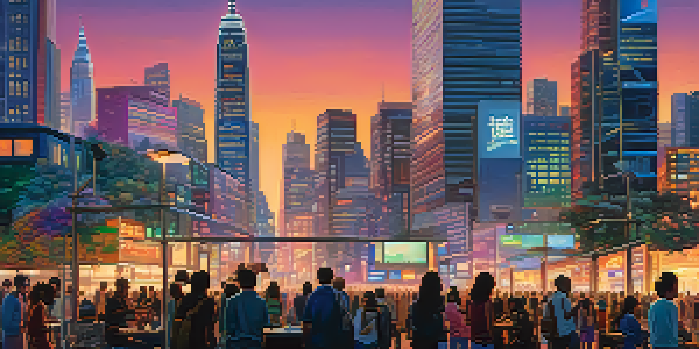 A modern city skyline at dusk with neon lights, showing diverse people using smartphones.