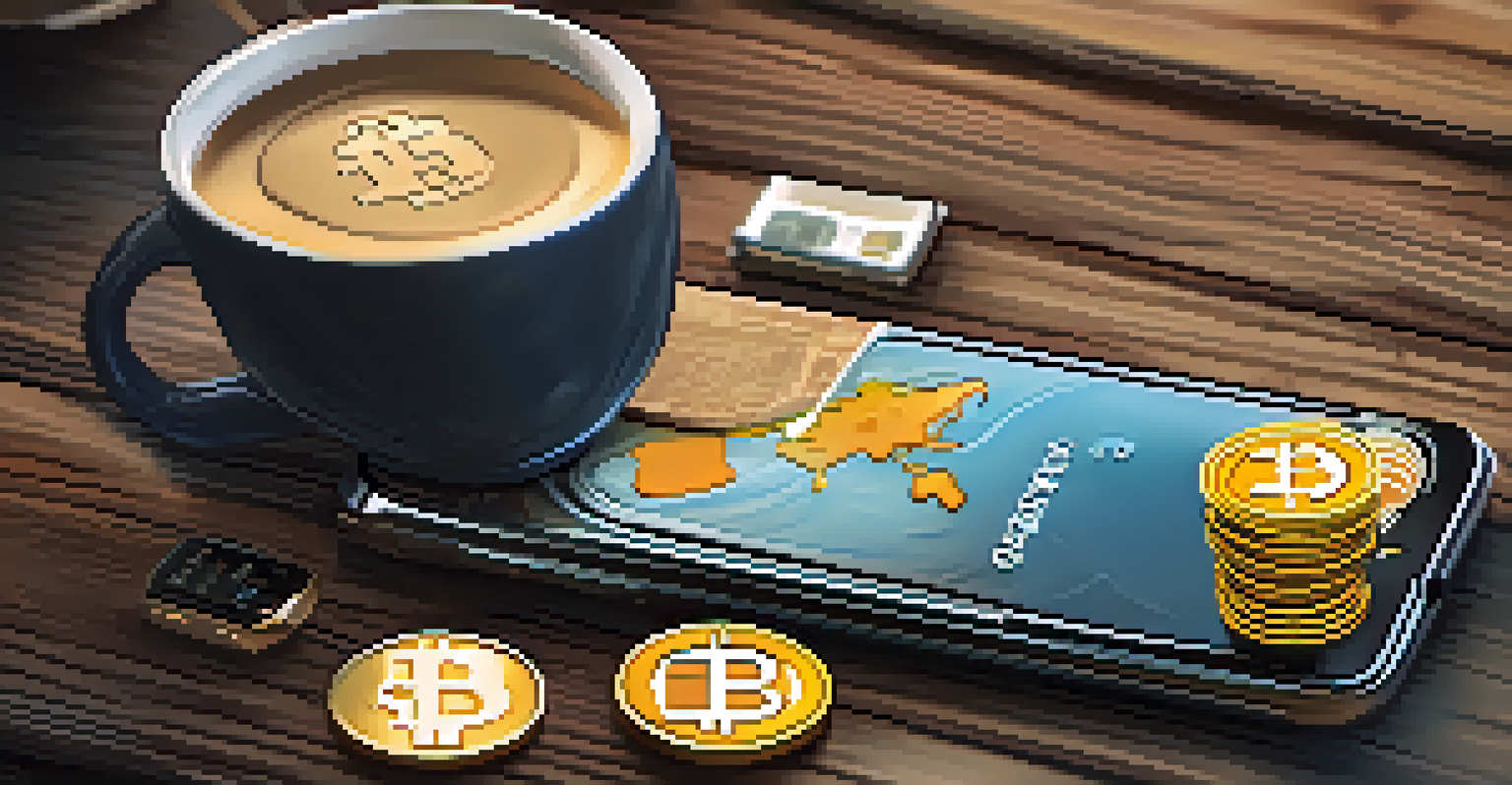 A smartphone displaying a digital wallet interface with cryptocurrency icons, placed on a wooden table with a coffee cup.