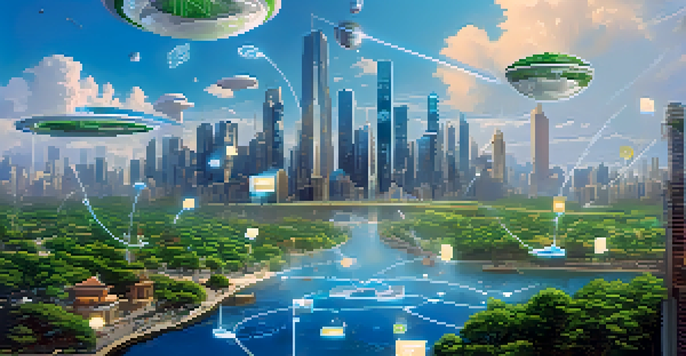 A futuristic cityscape with digital currency symbols and diverse people engaging with technology.
