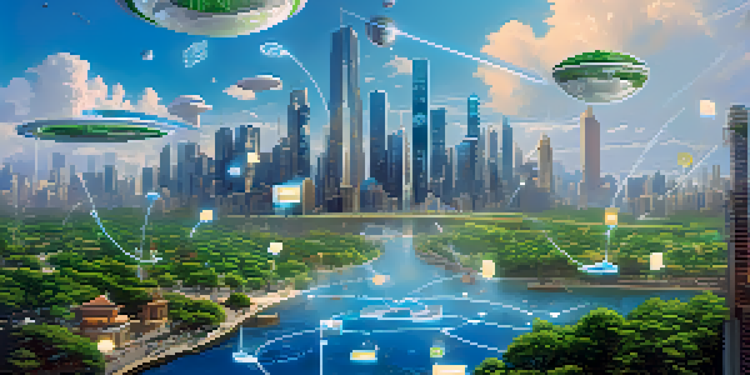 A futuristic cityscape with digital currency symbols and diverse people engaging with technology.