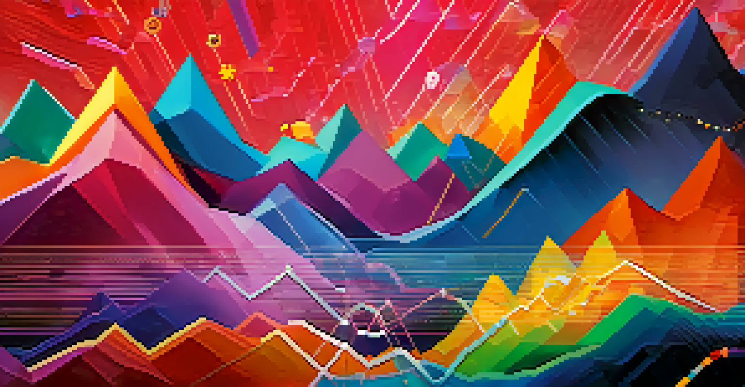 An abstract colorful graph representing cryptocurrency market volatility with floating currency symbols.