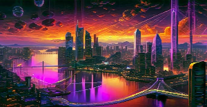 A futuristic cityscape with glowing islands representing blockchain networks, connected by bridges under a colorful dusk sky.