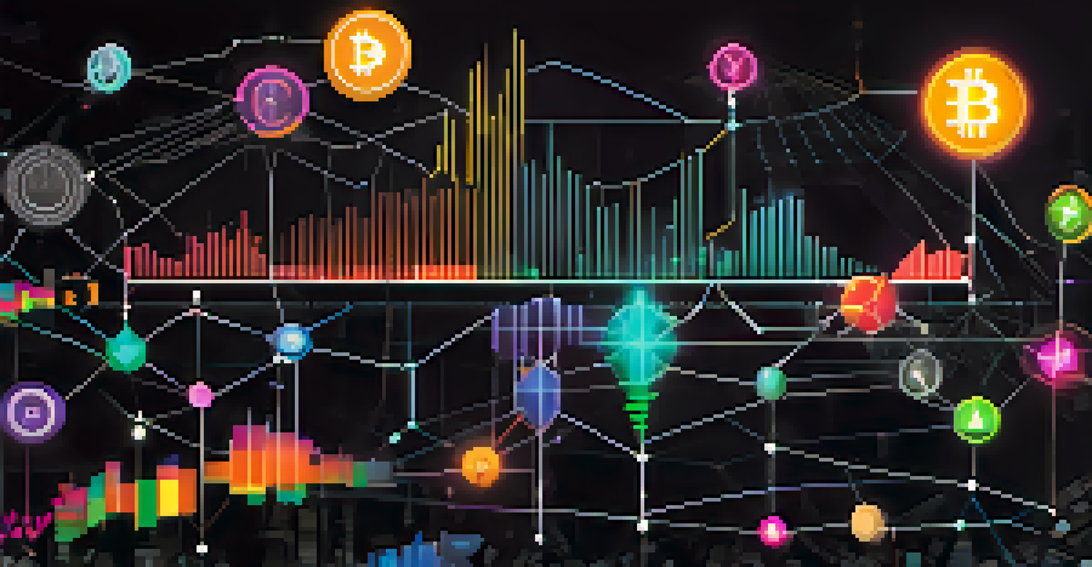 An abstract visualization of cryptocurrency data with colorful charts and graphs on a dark background.
