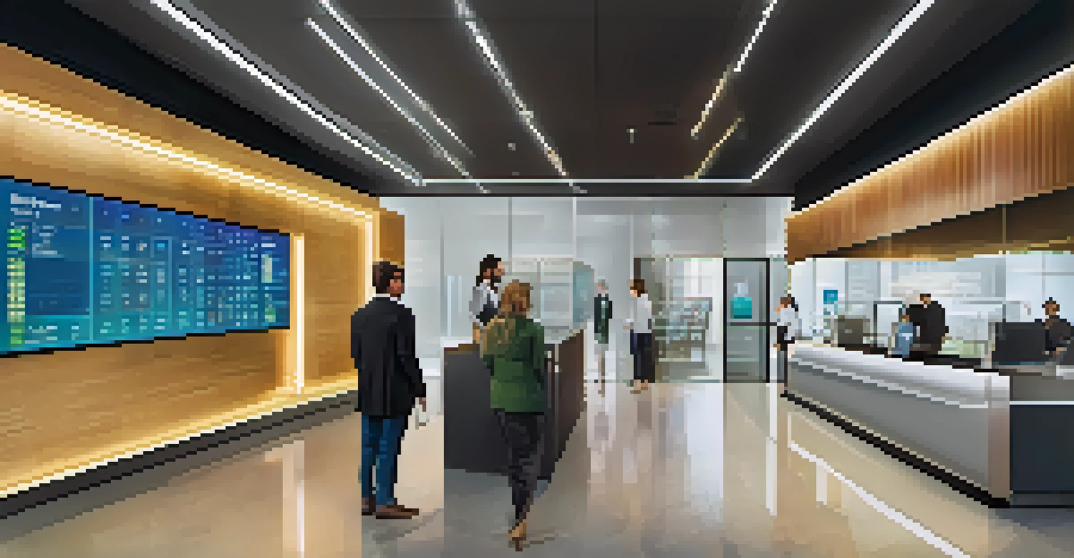 Inside a modern bank with digital displays of cryptocurrency prices and customers interacting with bank staff.