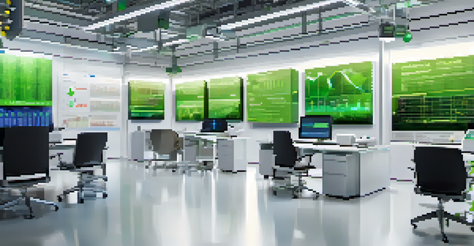 A modern healthcare supply chain office with a digital dashboard showing blockchain metrics and real-time data visualizations.