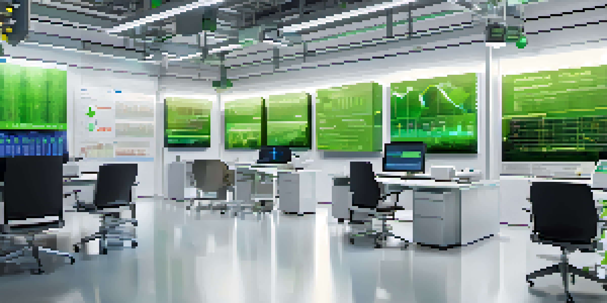 A modern healthcare supply chain office with a digital dashboard showing blockchain metrics and real-time data visualizations.