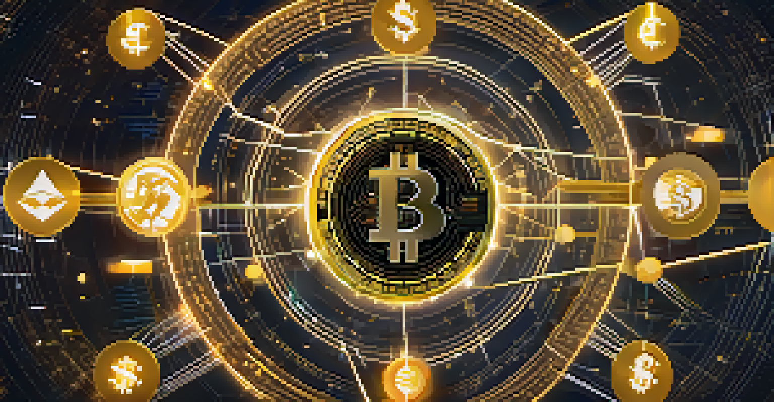 Golden coins with the US dollar symbol connected by glowing digital lines, representing stablecoins and cryptocurrency.