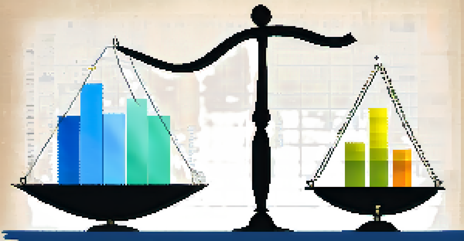 A balance scale illustrating short-term trading symbols on one side and long-term investing symbols on the other, with a gradient background.