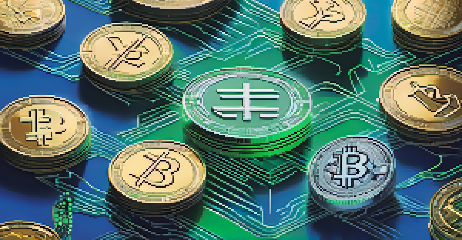 An abstract image showcasing various cryptocurrencies and blockchain symbols in a colorful, modern design.