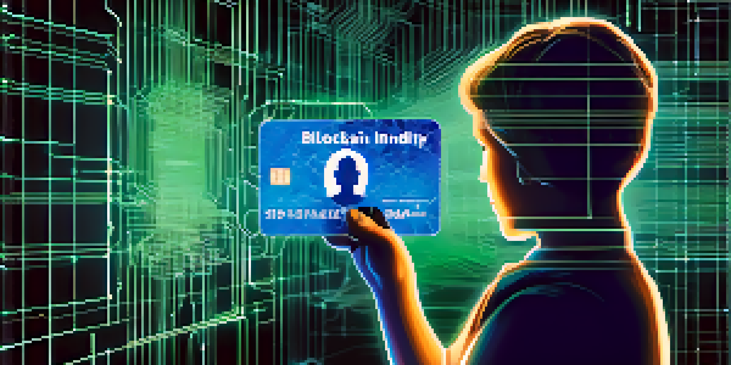 A glowing blockchain network with a silhouette of a person holding a digital ID card, representing decentralized identity.