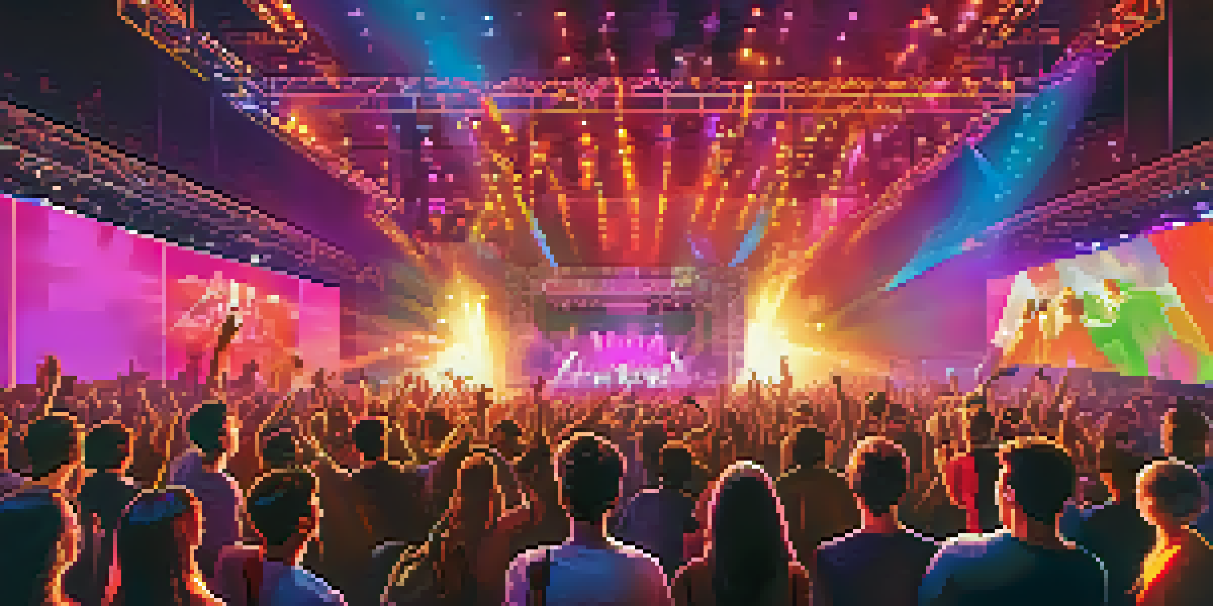 A lively concert with a diverse audience enjoying a performance, illuminated by colorful stage lights. Fans are holding up smartphones showing NFT tickets.