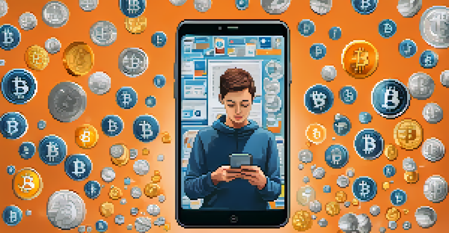 A person using a smartphone to track Bitcoin prices, surrounded by social media icons and news headlines.