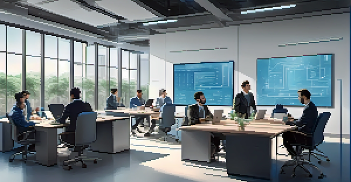 A group of professionals discussing blockchain technology in a modern office with large windows and a digital screen.