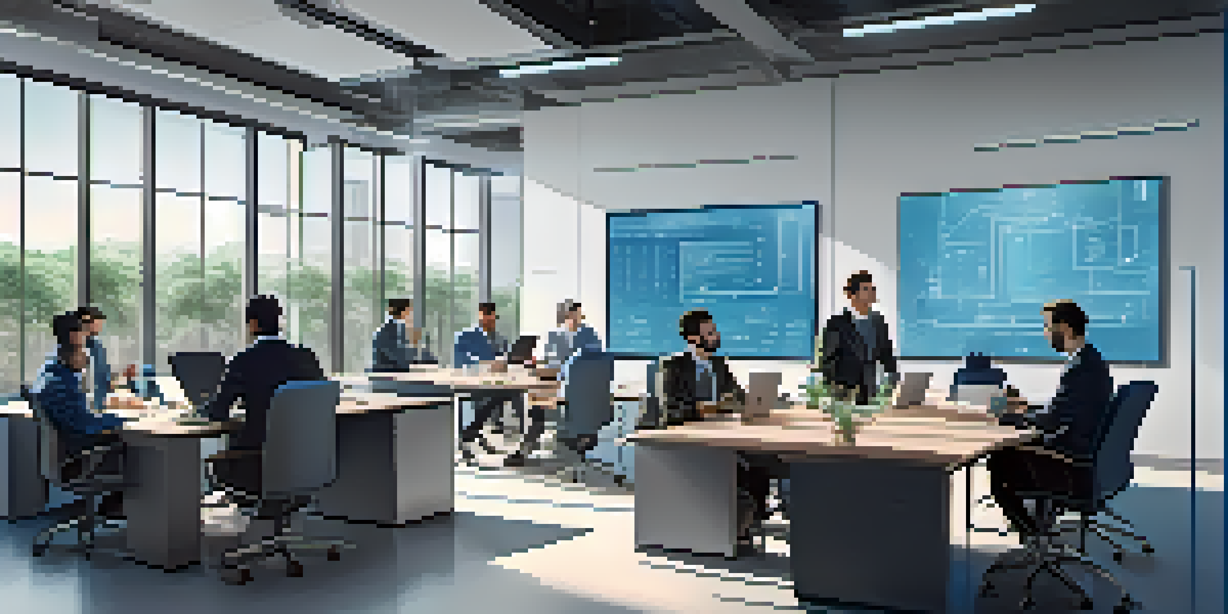 A group of professionals discussing blockchain technology in a modern office with large windows and a digital screen.