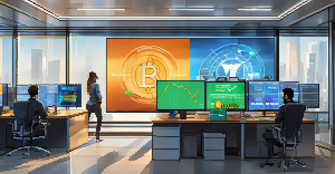A bright and modern cryptocurrency exchange office with professionals discussing over computer screens displaying cryptocurrency charts.