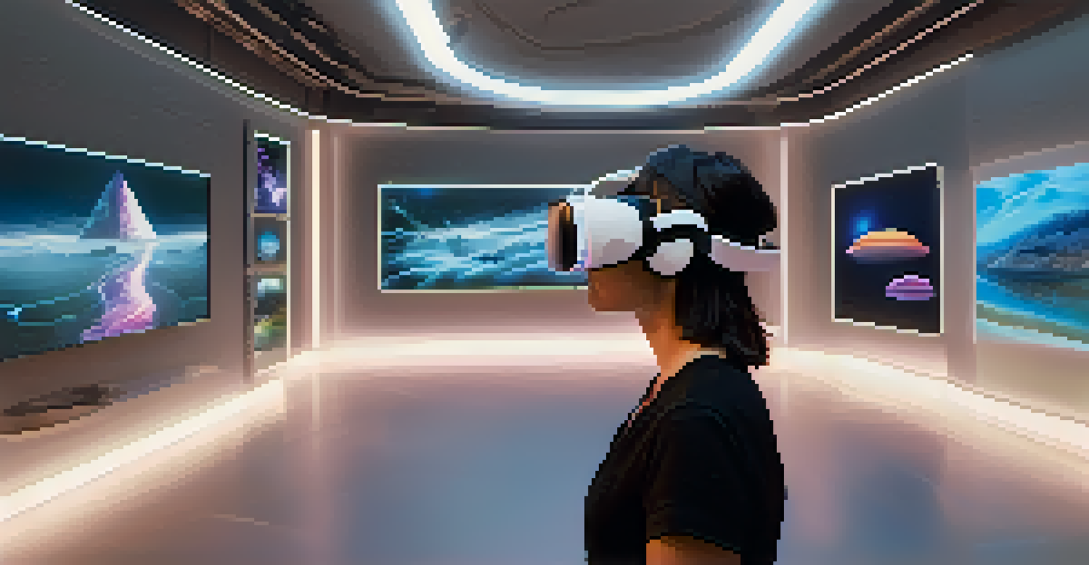 A virtual reality gallery filled with digital artworks, where users in VR headsets interact with floating displays in a futuristic setting.