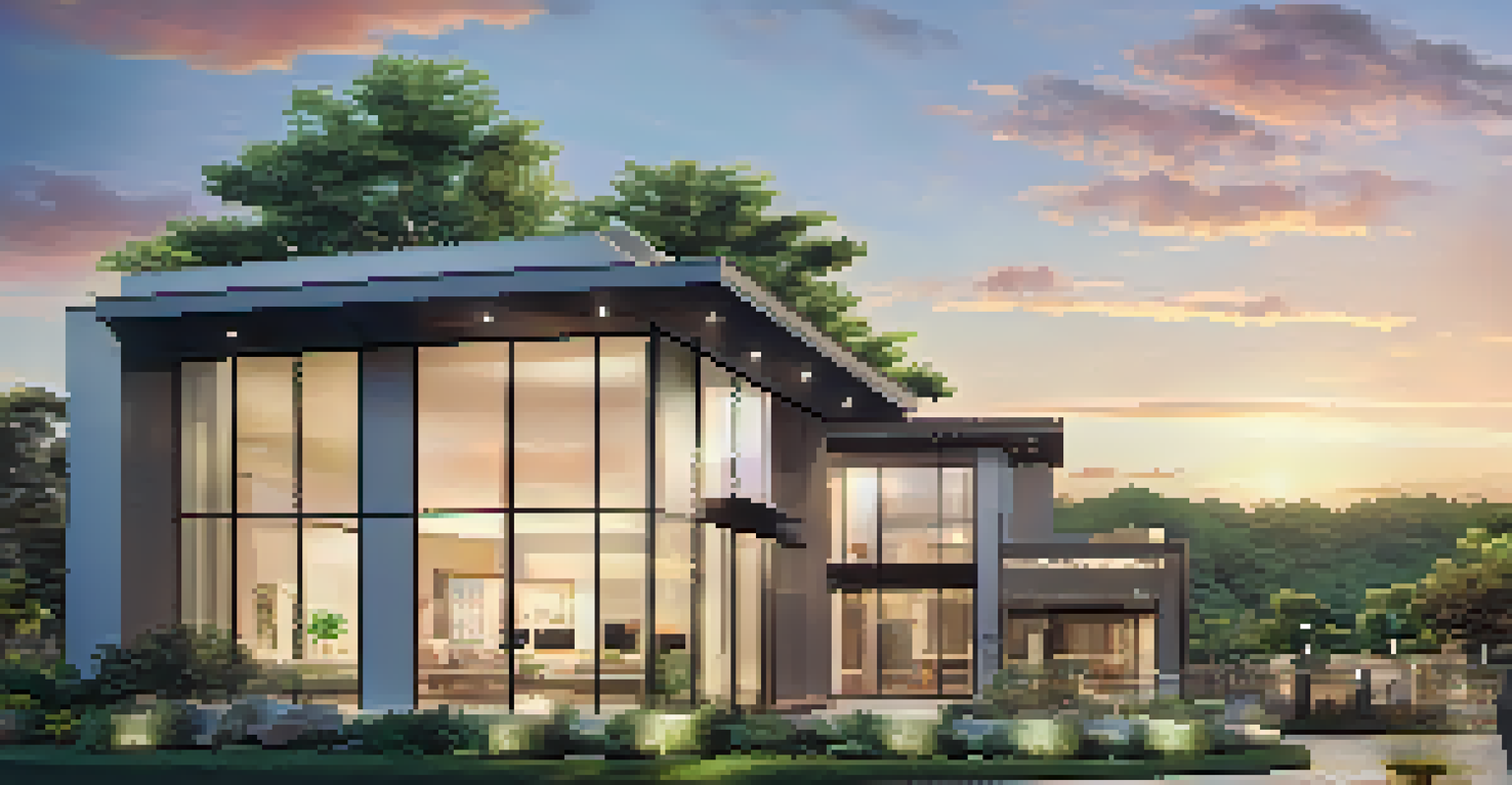 A modern real estate property with a 'For Sale' sign, surrounded by greenery at sunset.