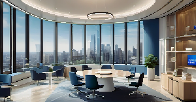 A contemporary real estate office with glass windows, showcasing smart contract details on a digital screen and agents interacting with clients.