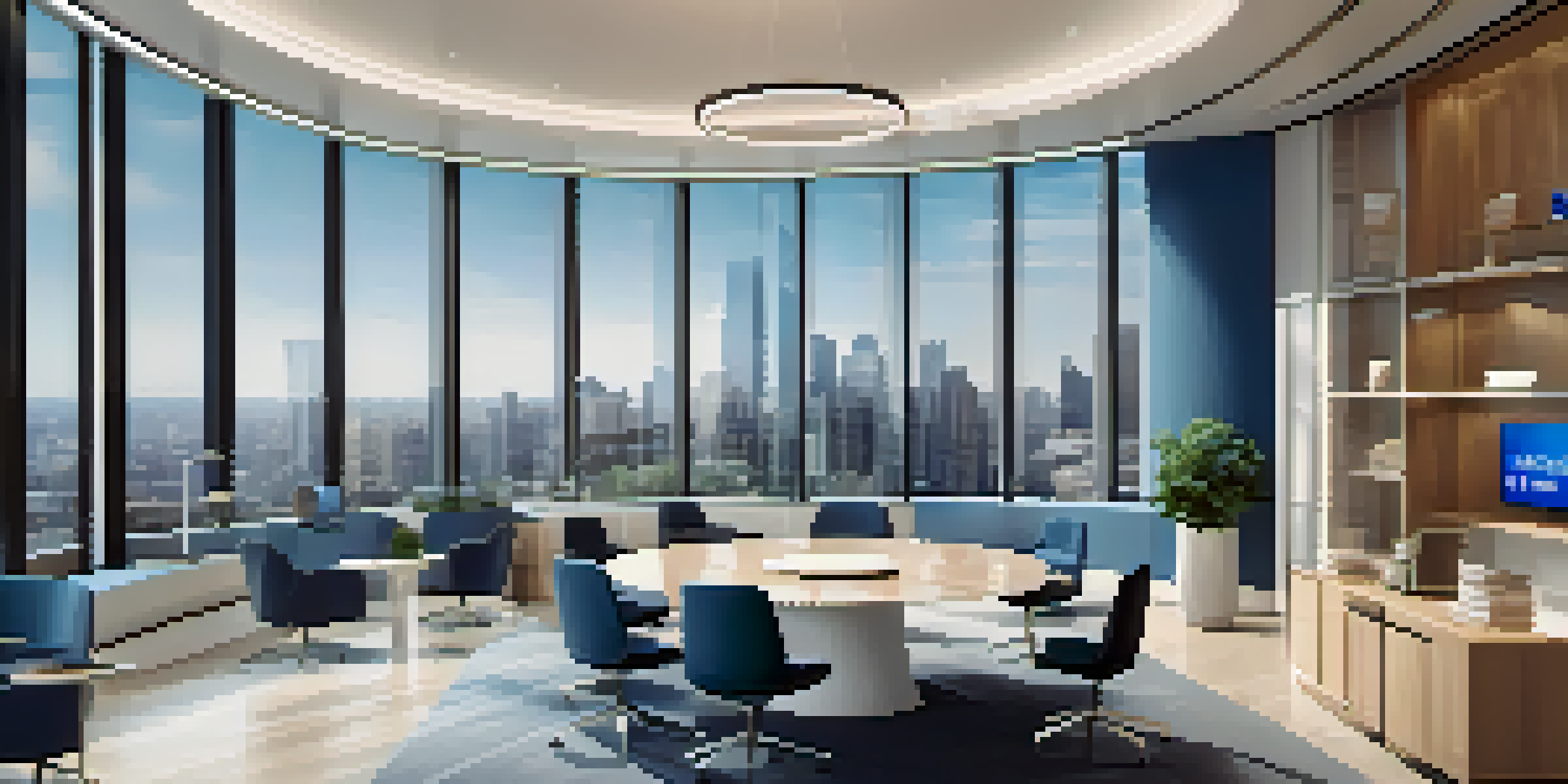 A contemporary real estate office with glass windows, showcasing smart contract details on a digital screen and agents interacting with clients.