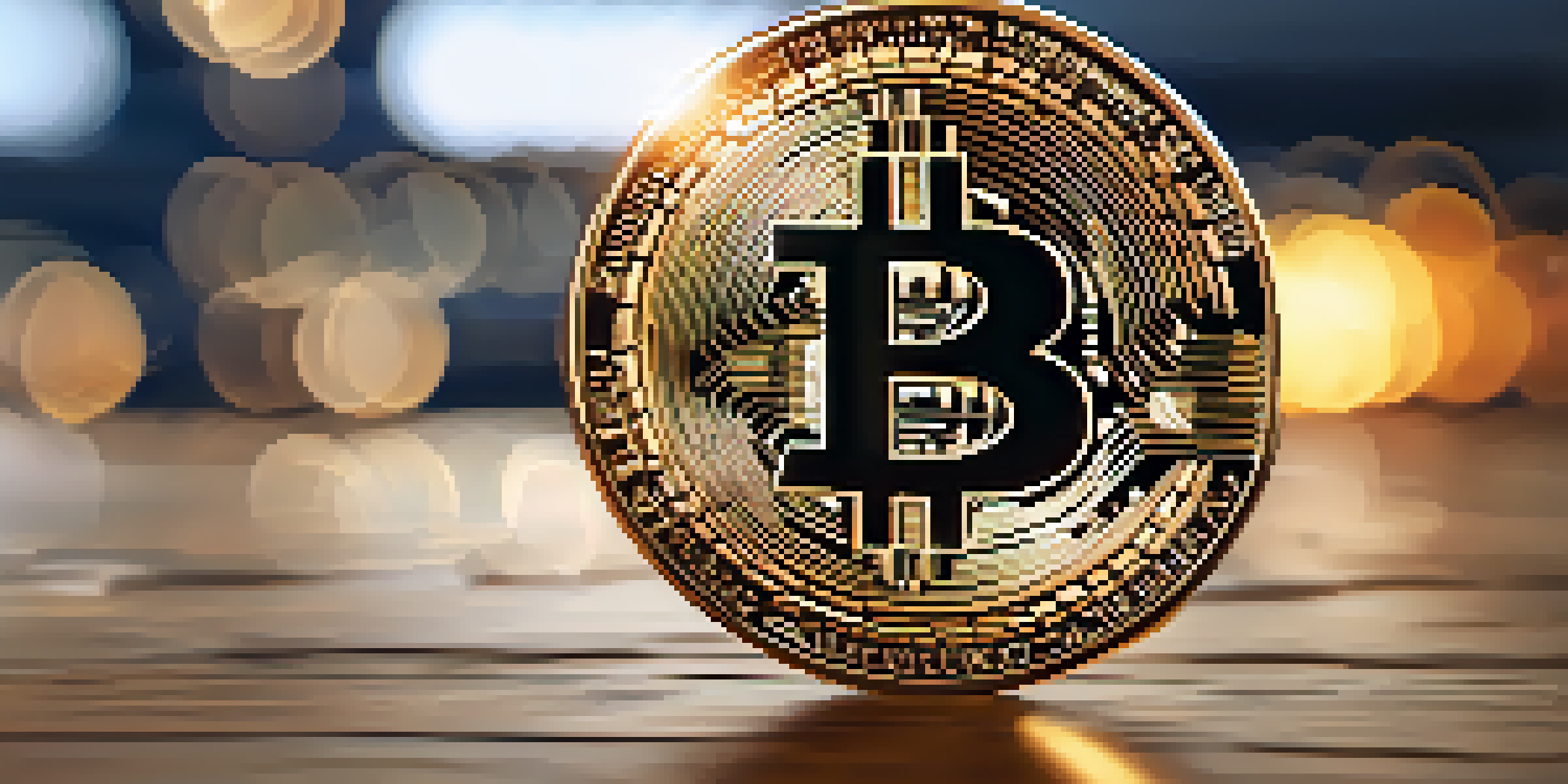 A shiny cryptocurrency coin on a wooden surface with blurred digital graphs in the background.