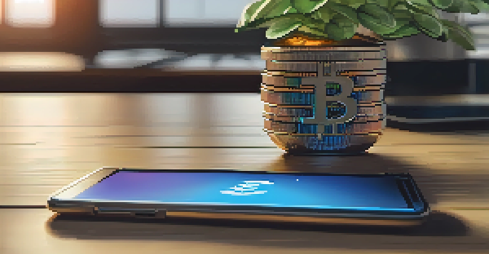 A smartphone showing a cryptocurrency wallet interface with digital coins, on a wooden desk with a potted plant and laptop in the background.