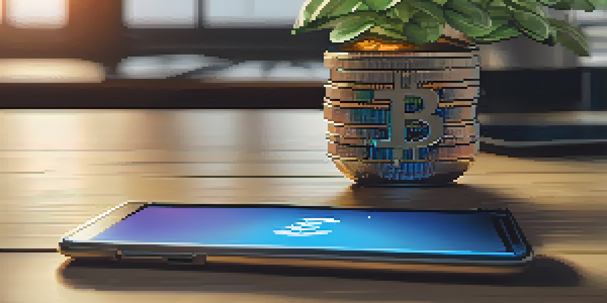 A smartphone showing a cryptocurrency wallet interface with digital coins, on a wooden desk with a potted plant and laptop in the background.