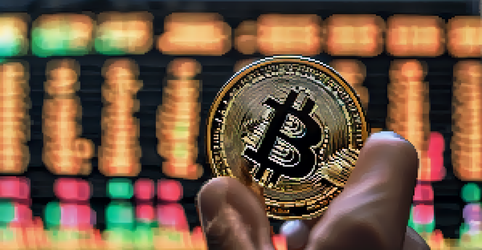 A close-up of a hand holding a Bitcoin in front of a stock market display.