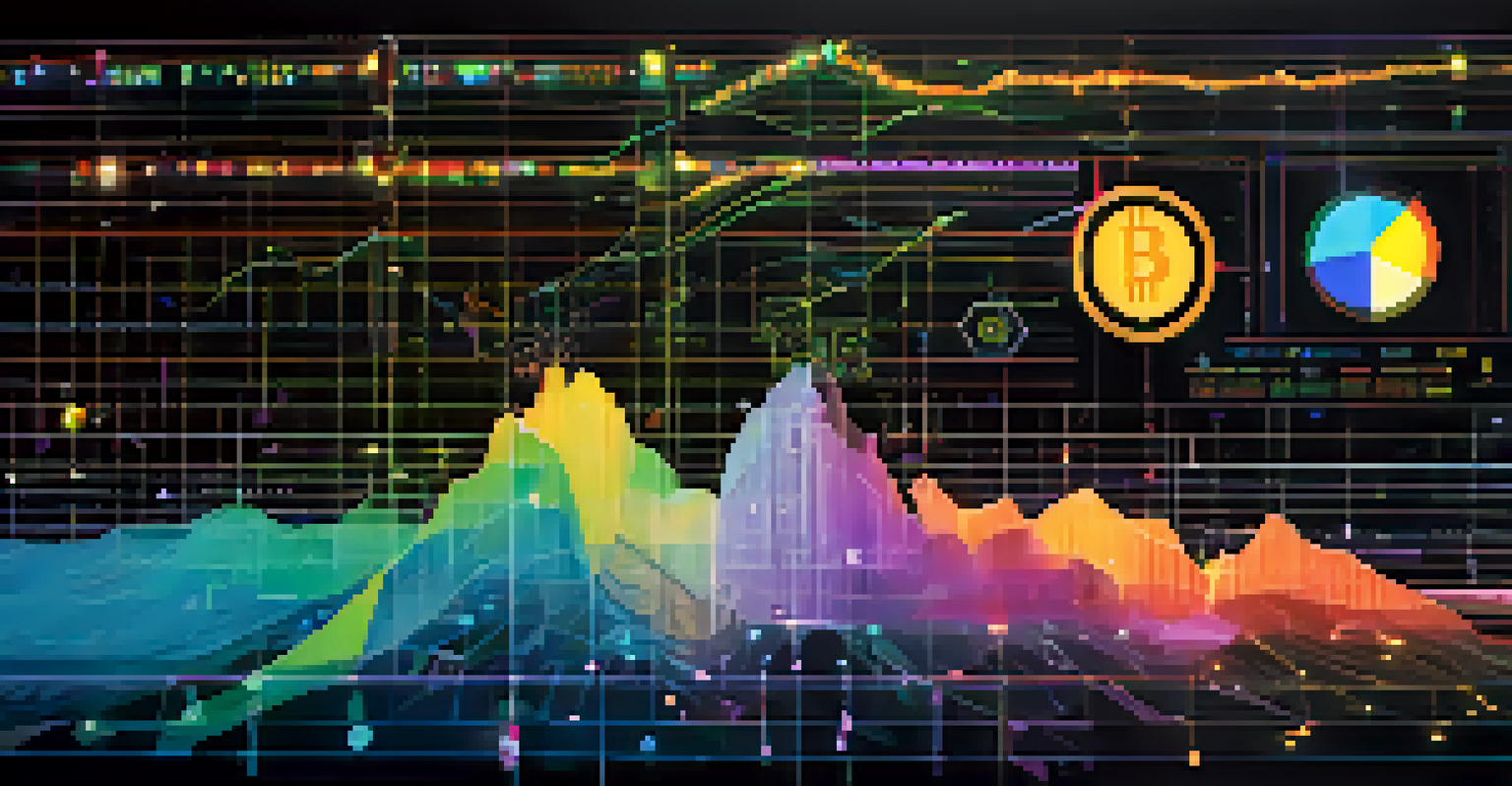 Colorful graphs and charts depicting cryptocurrency supply and demand over a digital background with binary code.