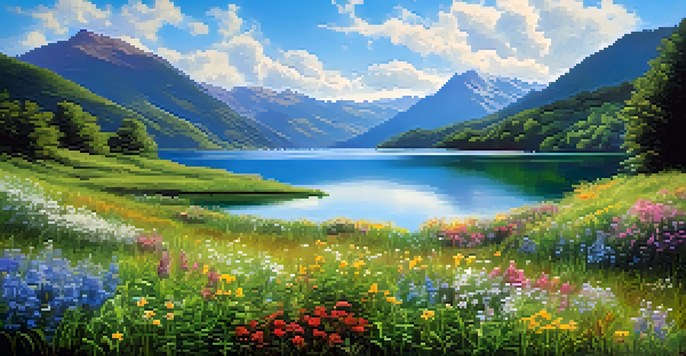 A peaceful lake scene with mountains, clear blue sky, and blooming wildflowers.