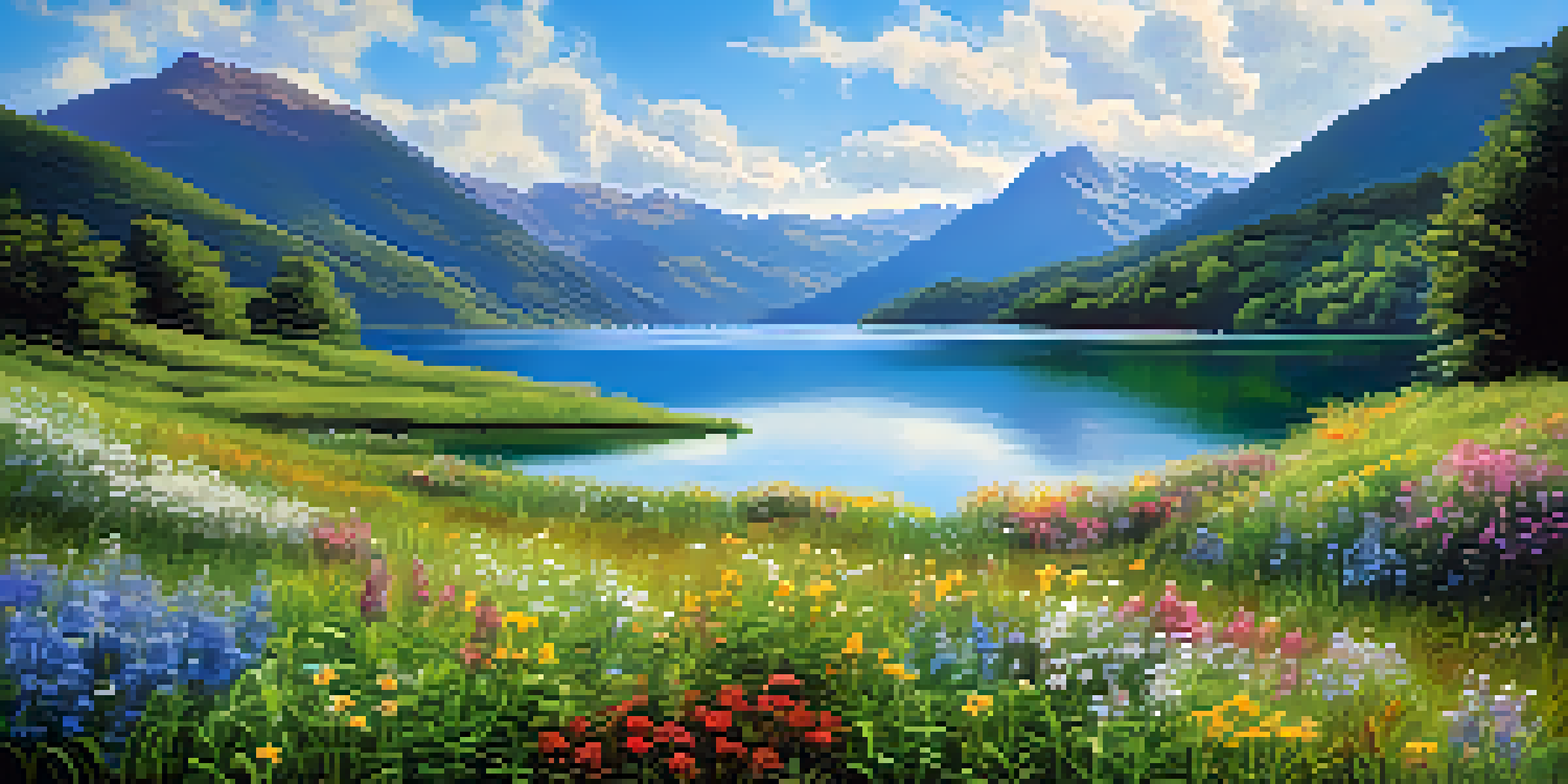 A peaceful lake scene with mountains, clear blue sky, and blooming wildflowers.