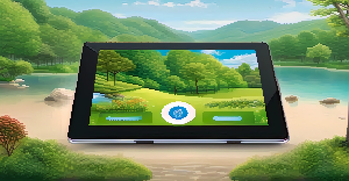 A tablet displaying a user-friendly cryptocurrency wallet interface in a natural setting, with green trees and a blue sky.