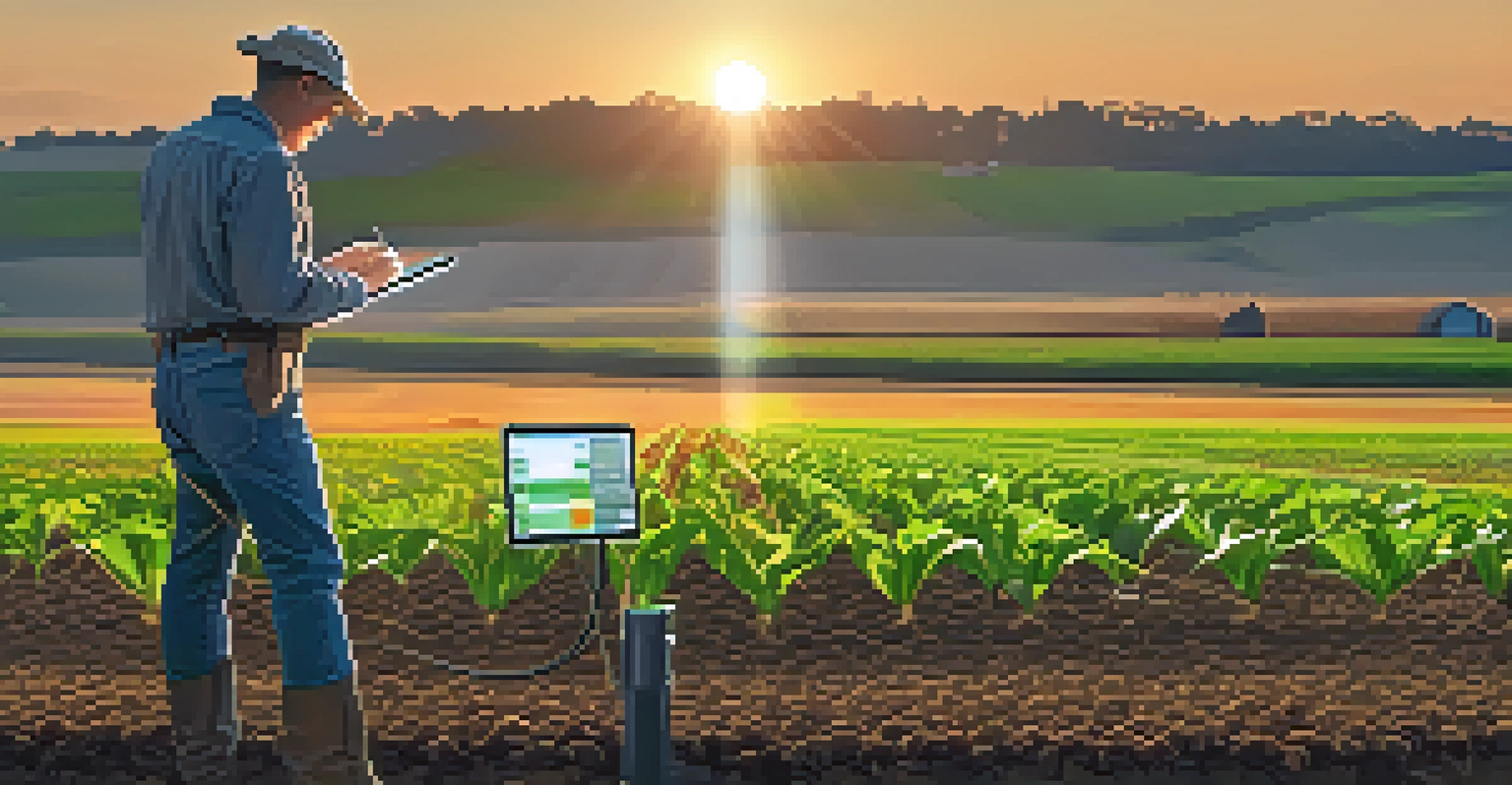 A farmer in a field using soil moisture sensors with a digital display, set against a sunset backdrop in a vibrant agricultural landscape.