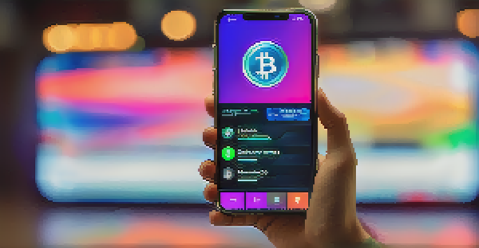 A smartphone displaying a digital cryptocurrency wallet interface, highlighted in vibrant colors against a blurred background.