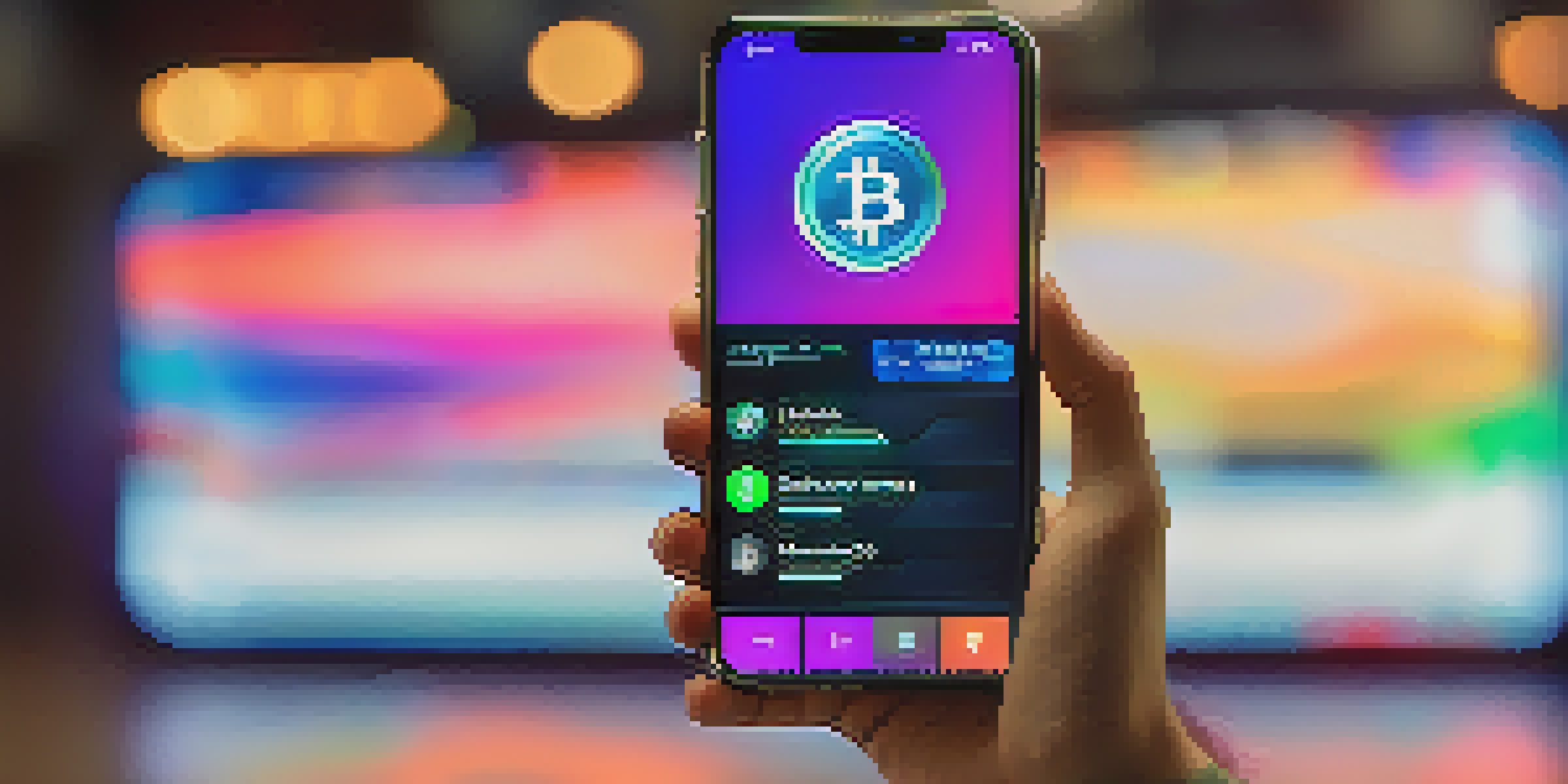 A smartphone displaying a digital cryptocurrency wallet interface, highlighted in vibrant colors against a blurred background.