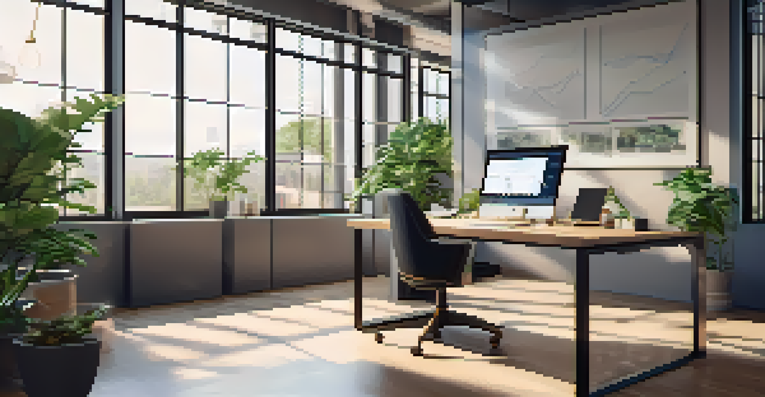 A modern workspace with a desk, laptop, and digital screens showcasing smart contracts.